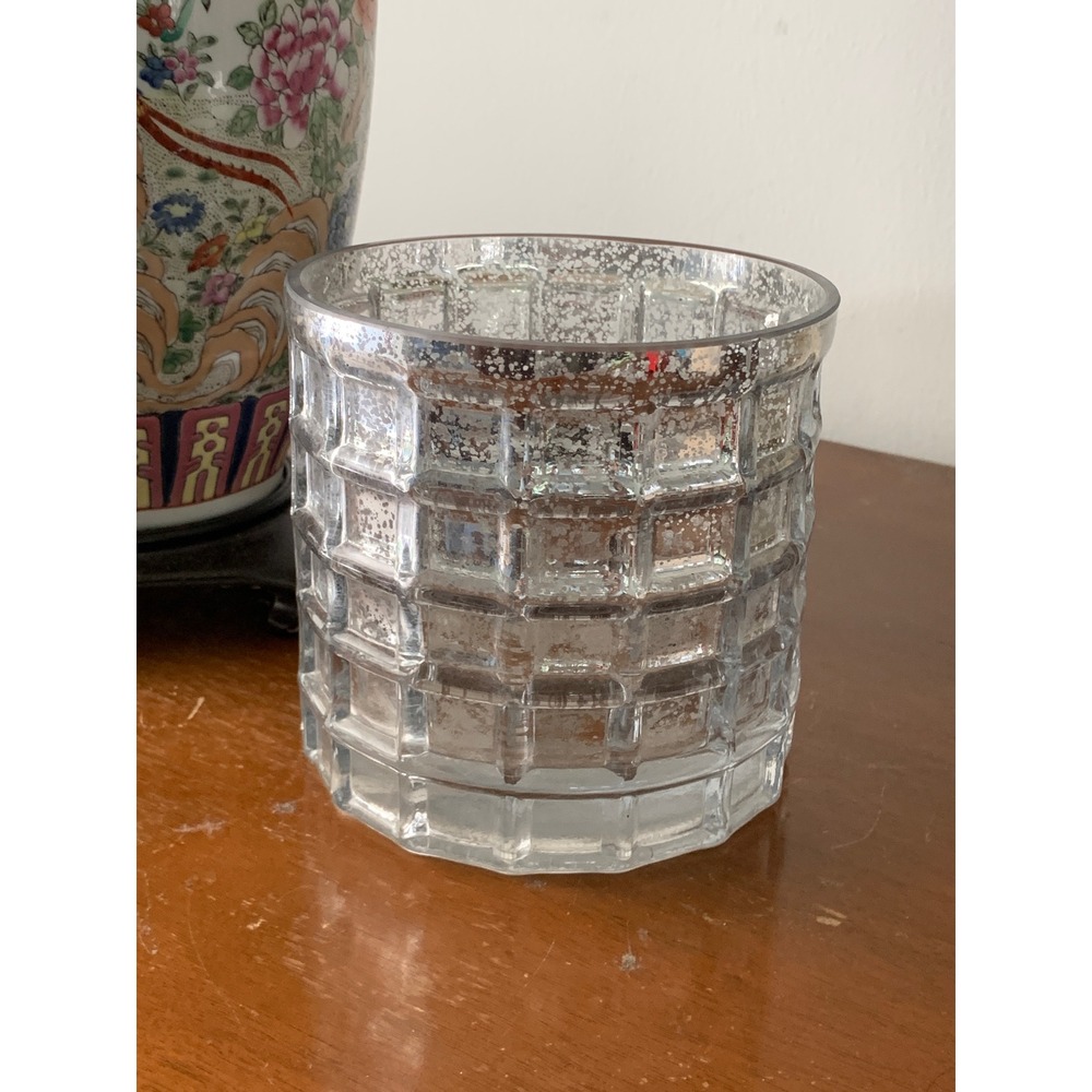 Silver Mercury Glass Waffle Grid Candle Holder Vase Decorative Votive Cup
